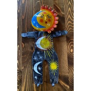 Vintage Celestial Sun Moon Stars Metal Wall Hanging Hand Painted Folk Art 14"